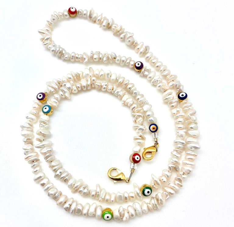 Mask Chain - Pearls, White with Evil Eye